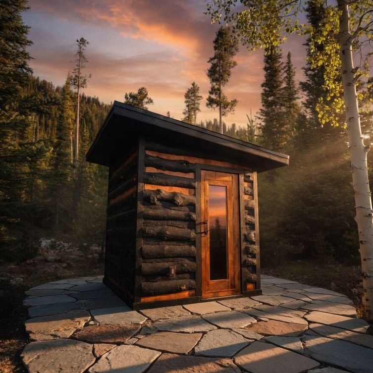 Black Root recovery sauna glowing at dusk